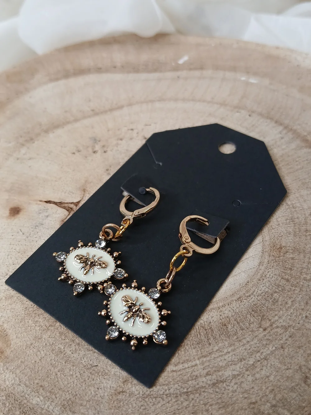 Gold Bee Medallion Drop Earrings in Cream and Gold